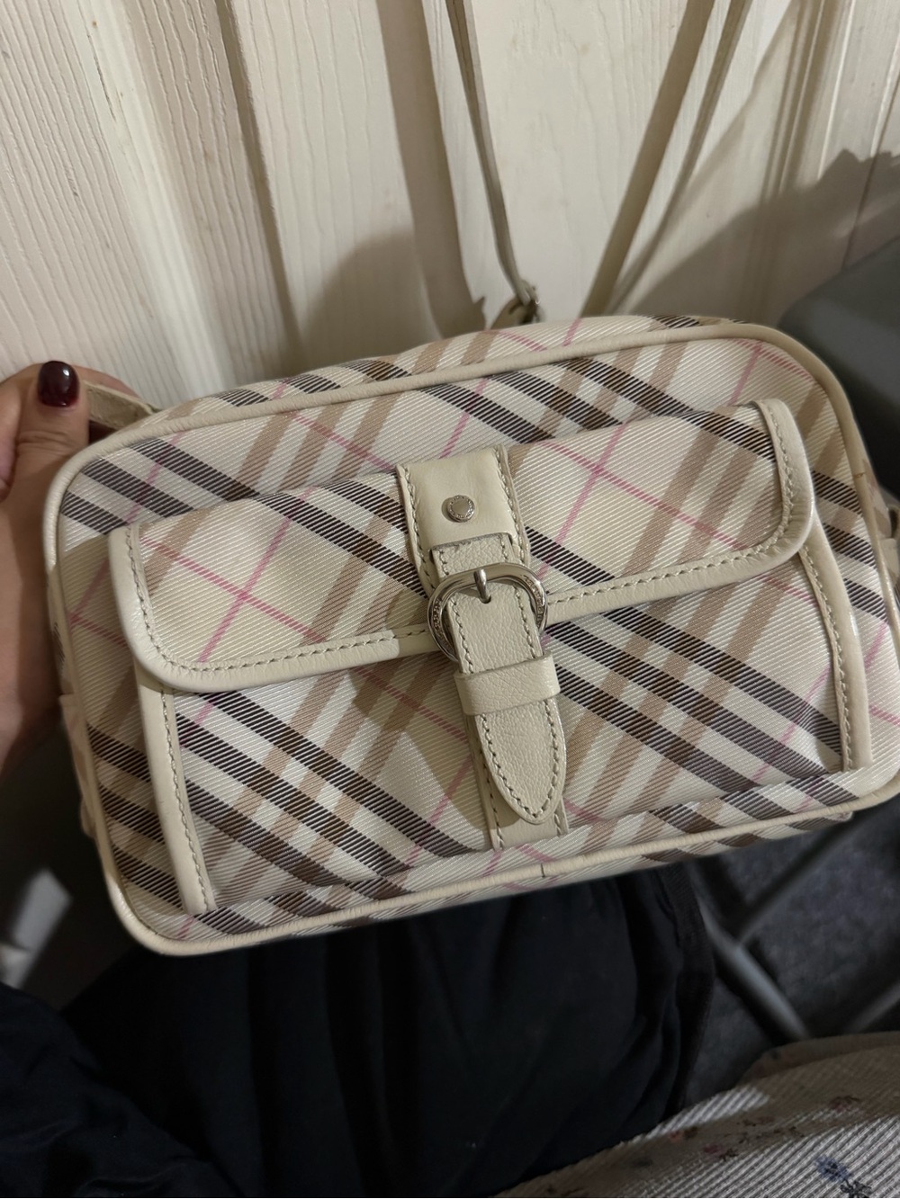 Burberry Cream Plaid Crossbody Bag with Front Buckle